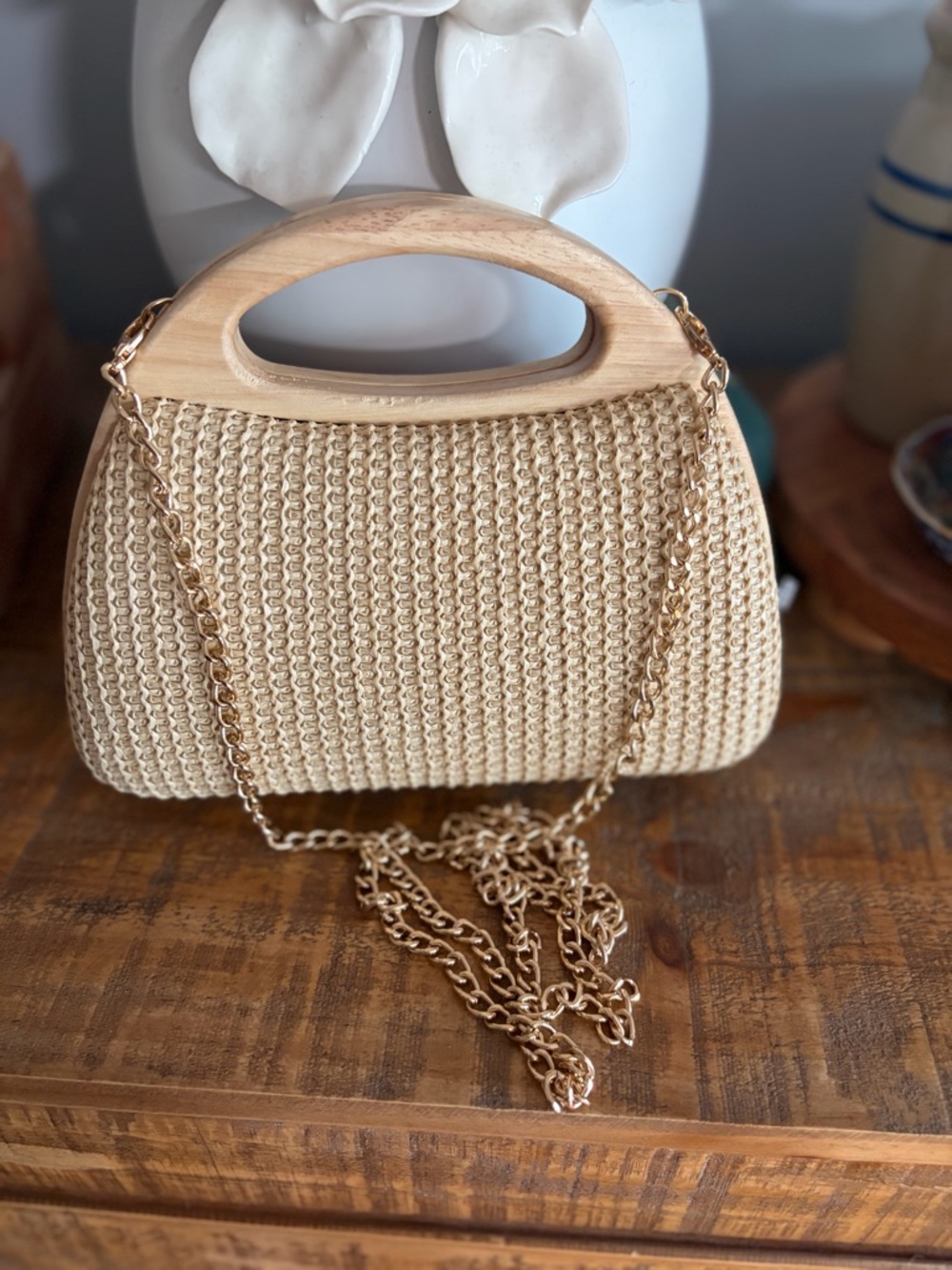 Haute Hippie Floral Sequin Wood Handle Clutch Purse with Chain Strap - Picture 5 of 8